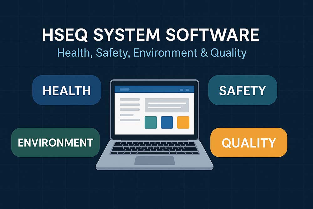 HSEQ system software illustration for health, safety, environment, and quality management in maritime, construction, and energy industries.