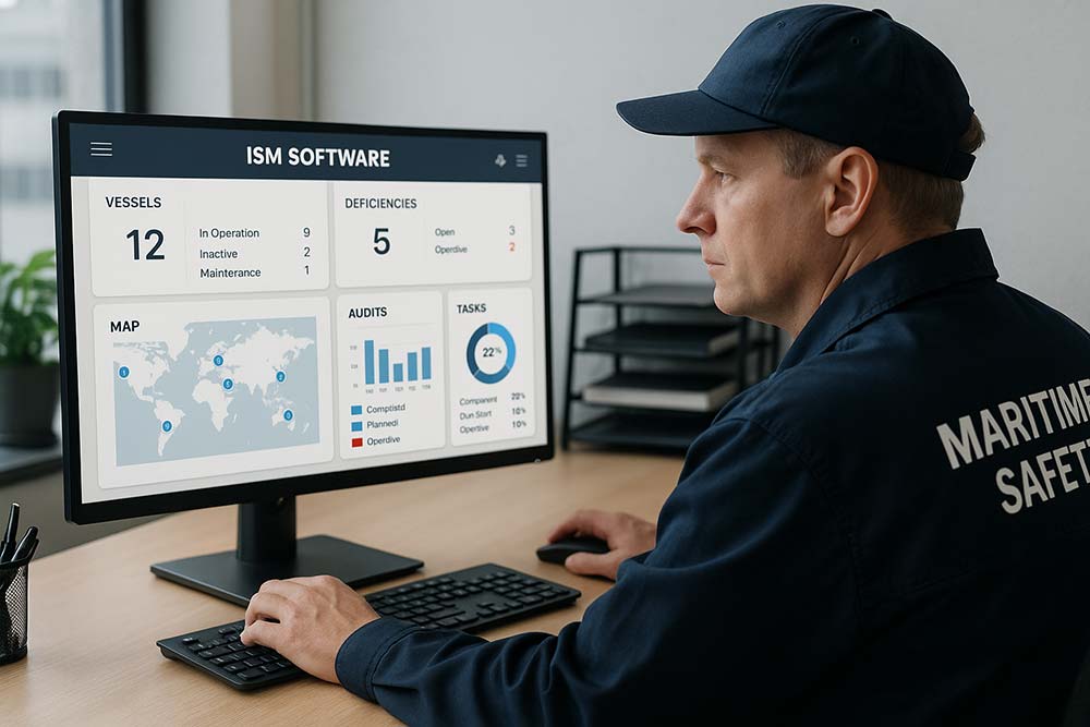 Maritime safety officer reviewing ISM software dashboard in a digital workspace